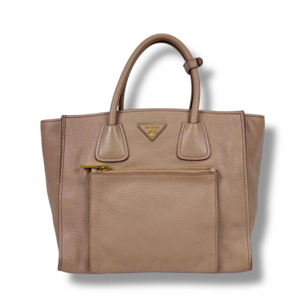 Prada 2-Way Tote Shoulder Bag Vittero Dino Leather Triangle Logo Pink Beige - Picture 2 of 14
